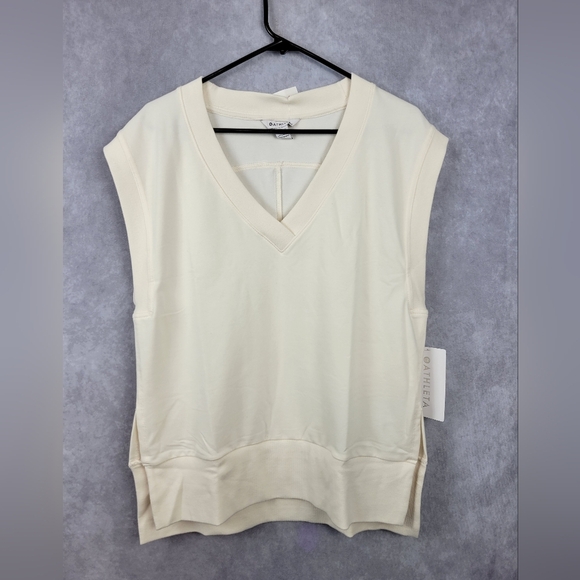 ATHLETA Retroterry V-Neck Sweatshirt Tee Sweater Vest Ivory Cream Size Sp - Picture 3 of 11